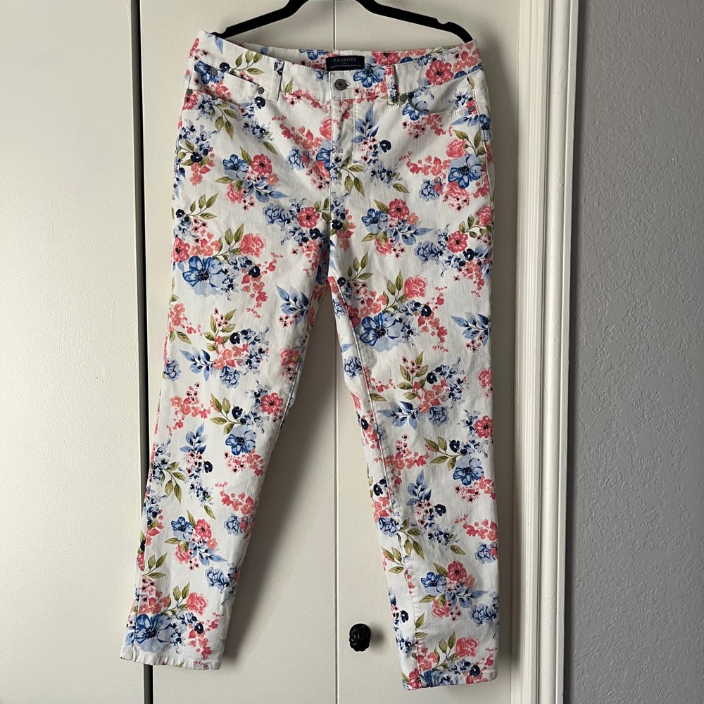 Talbots Floral Print Ankle Pants Simply Flattering 5-Pocket White‎ Size 10